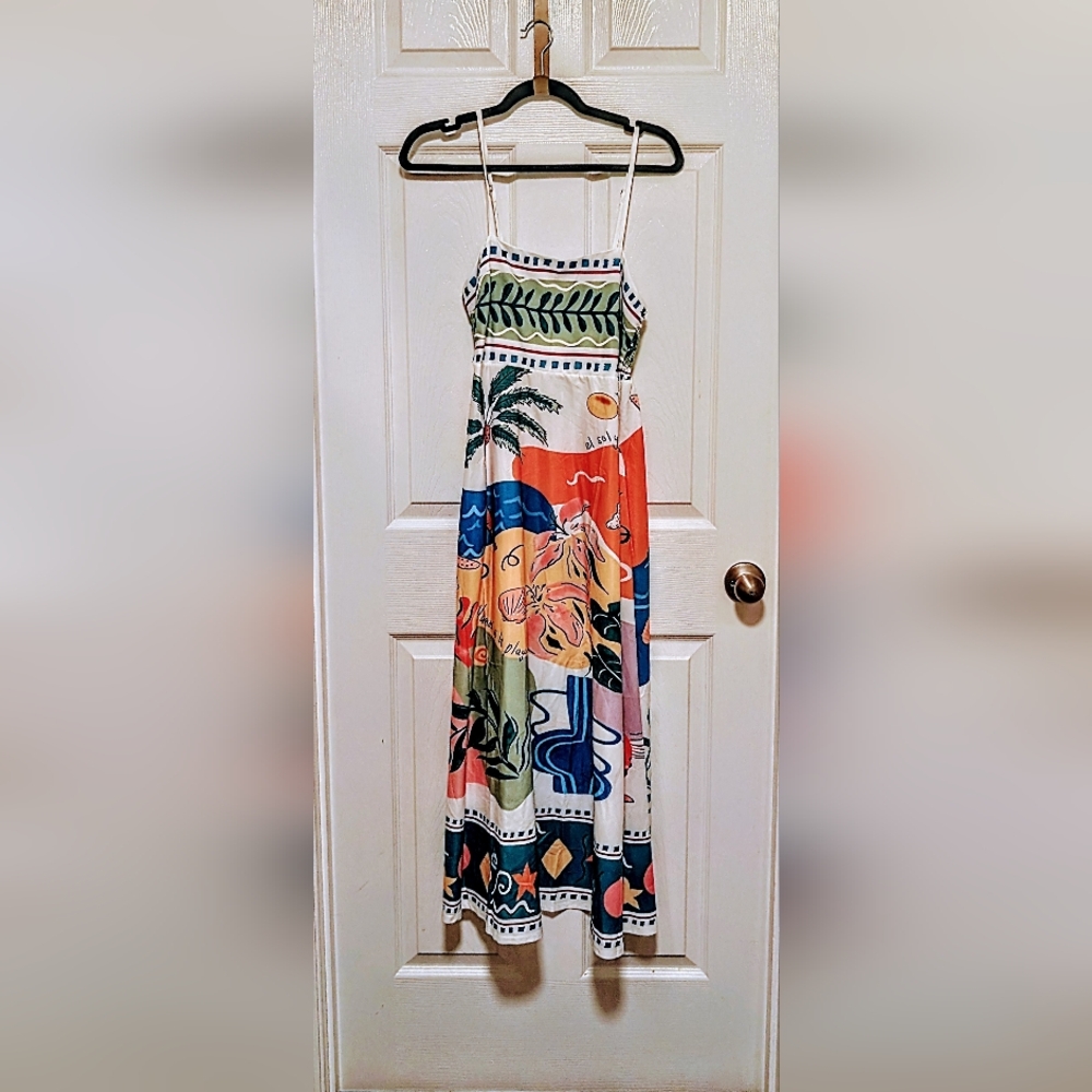 Colorful Tropical Print Maxi Dress, Sundress. Small. Pockets!